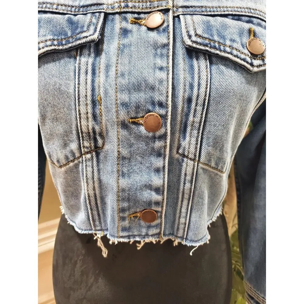 Vibrant Women Denim Blue 100% Cotton Long Sleeve Cropped Jeans Jacket Size Small - Image 3