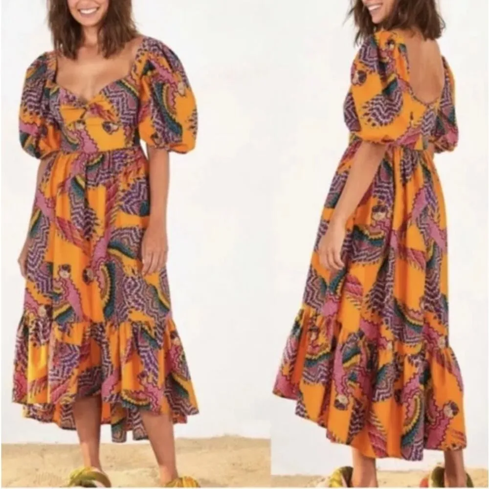 Farm Rio - Macaw Print Puff Sleeve Dress in Orange & Purple Multi - Image 5