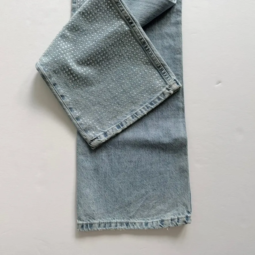 Zara Rhinestone Straight Leg Jeans High-Rise Light Wash Relaxed Size 34 / US 2 - Image 8