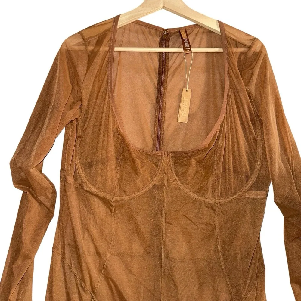 Skims Womens Brown Tan NEW Ultrafine Sheer‎ Mesh Catsuit in Bronze Summer Sz 4X - Image 3