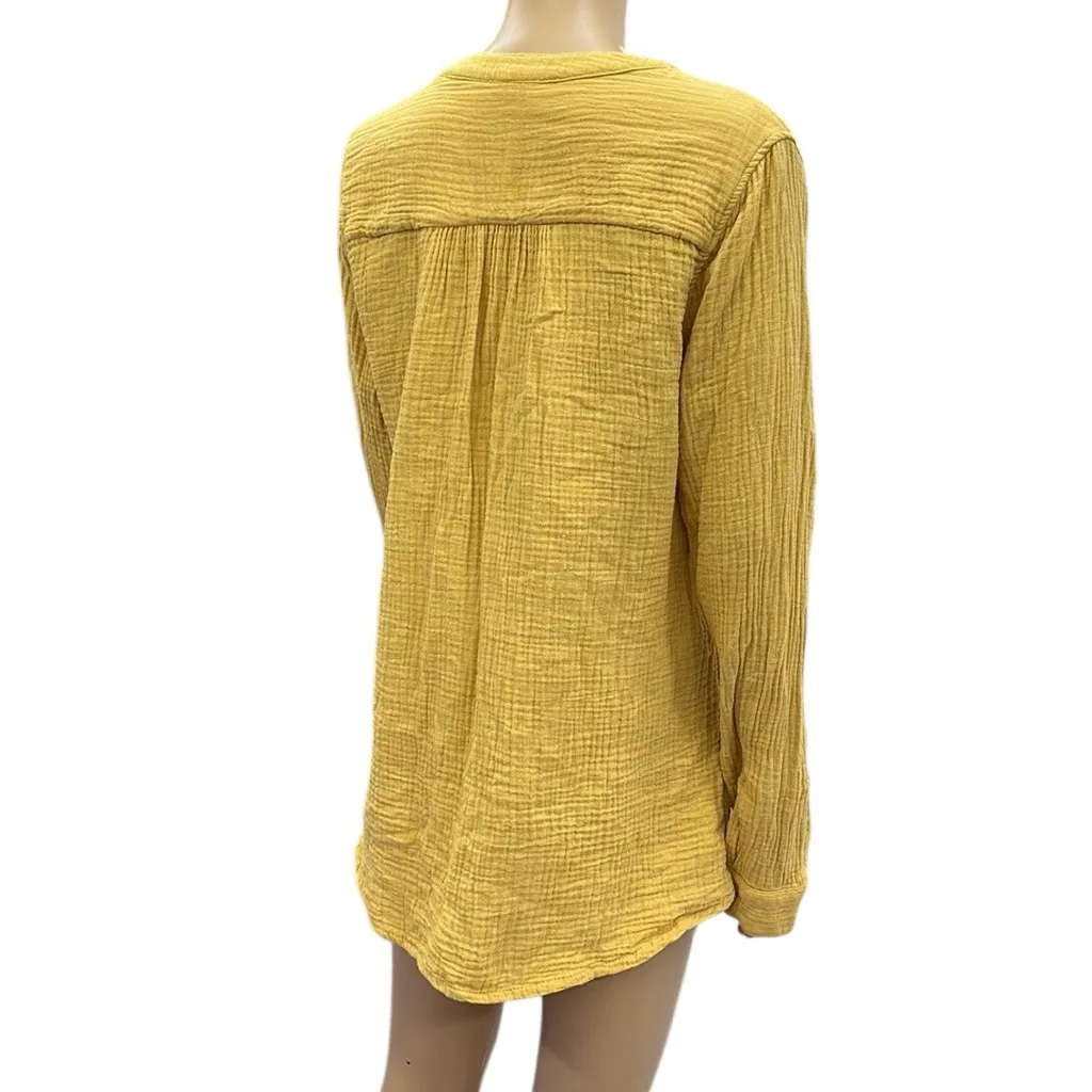 Mote Cotton Mustard Yellow Gauze Split V Neck Double Pocket Long Sleeve Top Sz L Gold Size L - Image 5