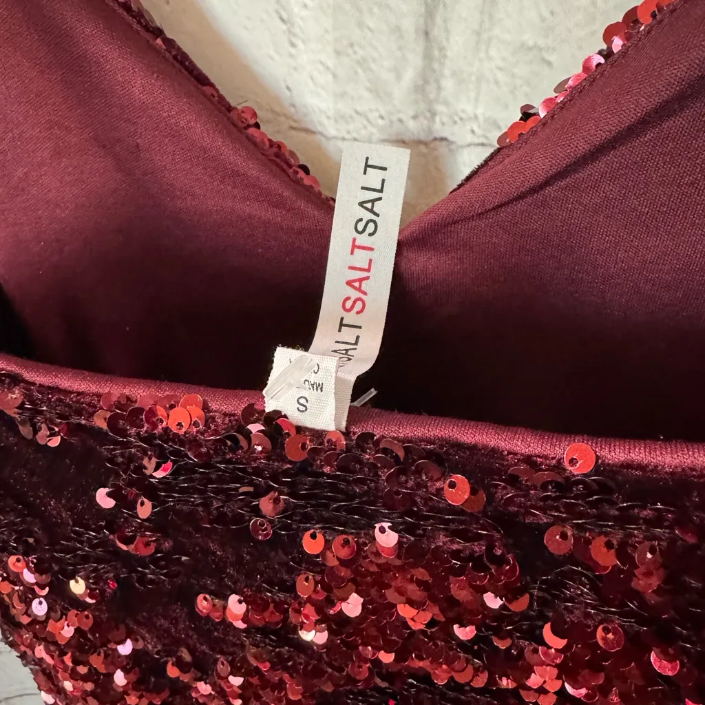 Salty Crushed Deep Red burgundy Sequin Mini Dress - Image 11