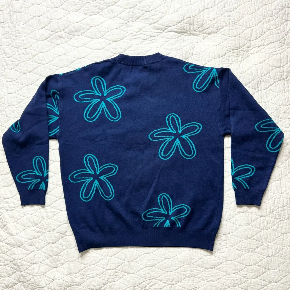 Dokotoo Floral Knit Sweater Boho Crew Neck GrandmaCore Long Sleeve Navy XL NWT Blue - Image 4