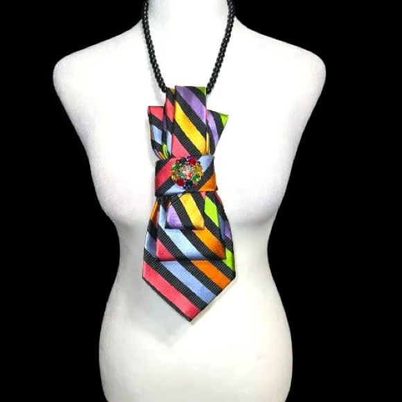 “Dainty Dapper” Colorful Striped Necktie Necklace w/ rhinestone attached brooch Black - Image 3