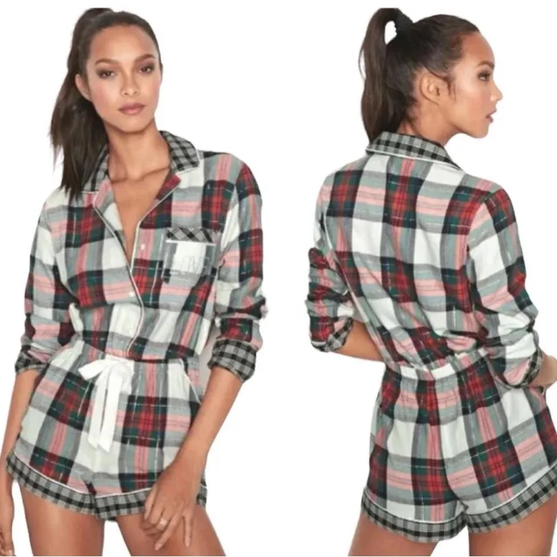 Victoria’s Secret Dream Flannel Plaid Shorts Romper Christmas Pajamas Medium - Image 2