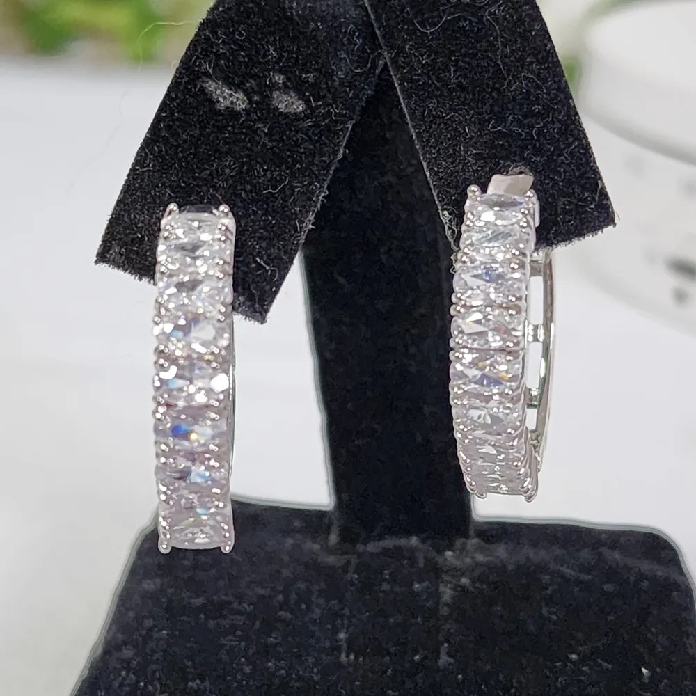 Silver with Crystal Stones Large Huggie Hoop Earrings New - Image 2