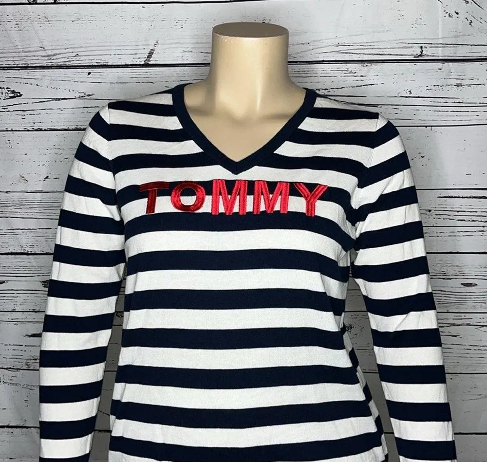 Tommy Hilfiger NWT Size 0X Blue & White Stripe - Red Embroidered Sweater Top - Image 2