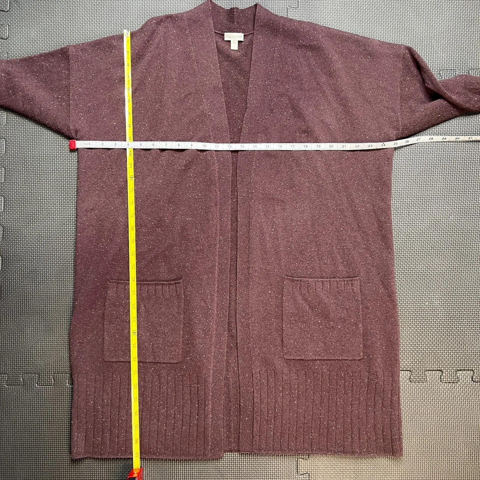 Garnet Hill Cashmere Open Front Cardigan Sweater Burgundy Plum Large Speckled - Image 6