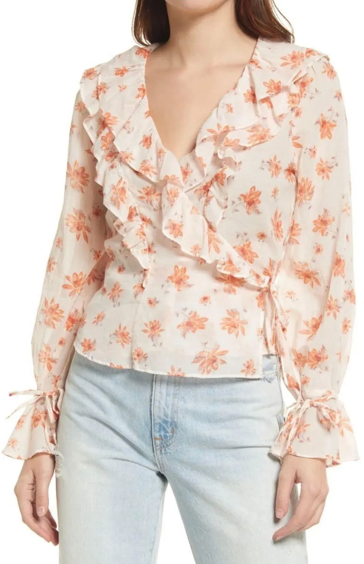 LARGE  Amanda Ruffle Floral Top Wrap Blouse Boho Ivory - Image 7