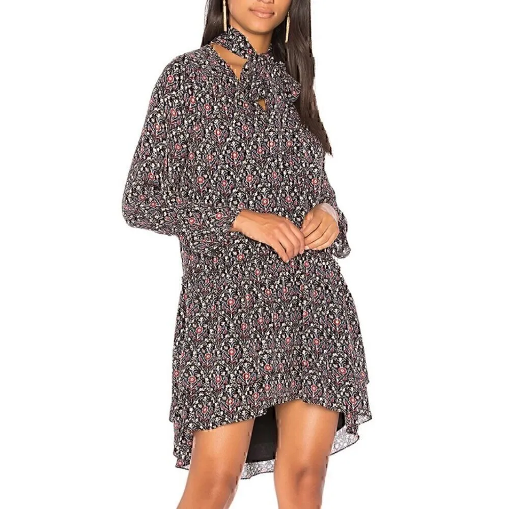 JOIE Jamira Dress Black Blue Red Floral Tie Neck Bow Asym Ruffle 100% SILK Mini - Image 4