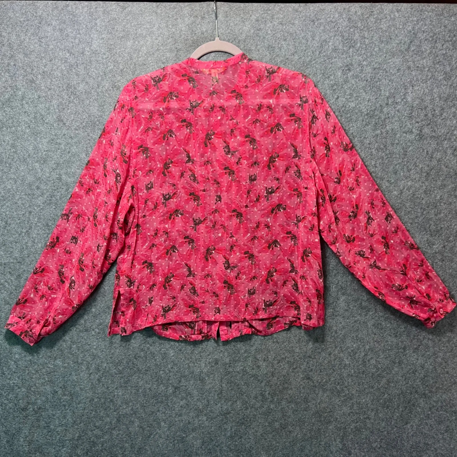 Sigrid Olsen Pink Silk Floral Sheer Ruffle Front Button Down Shirt Blouse Size L - Image 5