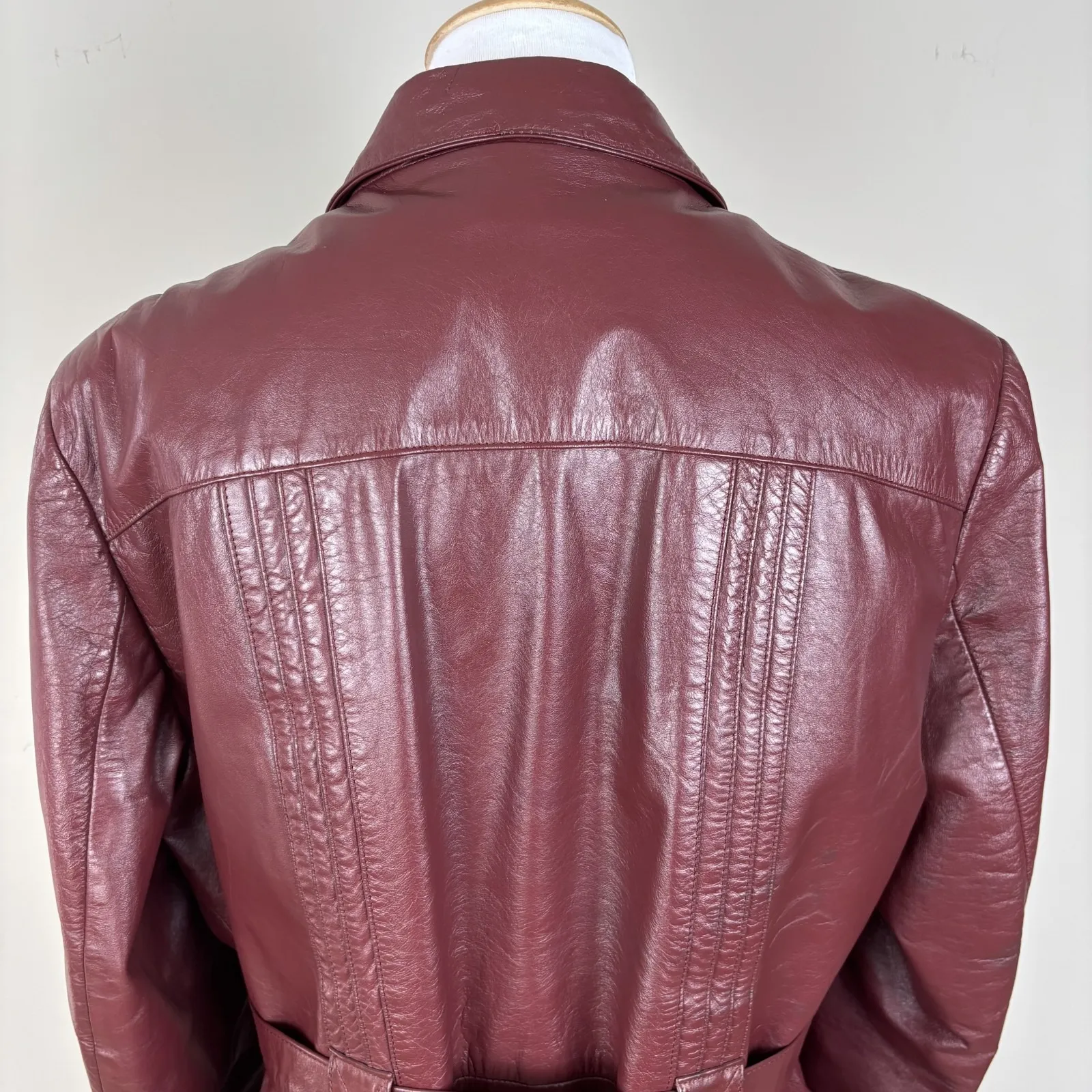 VTG Berman's Leather Jacket Womens 18 Maroon Red Belted Button Up Fleece Lined - Image 6