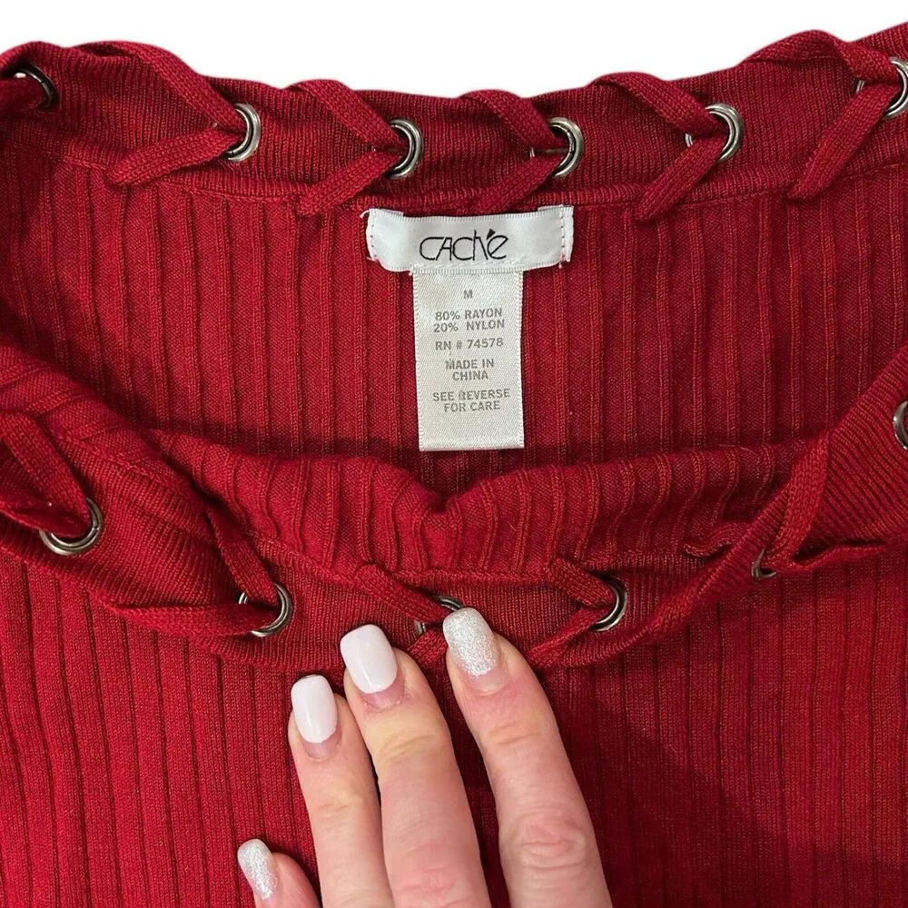 CACHE Wine Red Knit Bodycon Midi Sweater Dress Medium Lacing Vintage 90s Y2K - Image 7