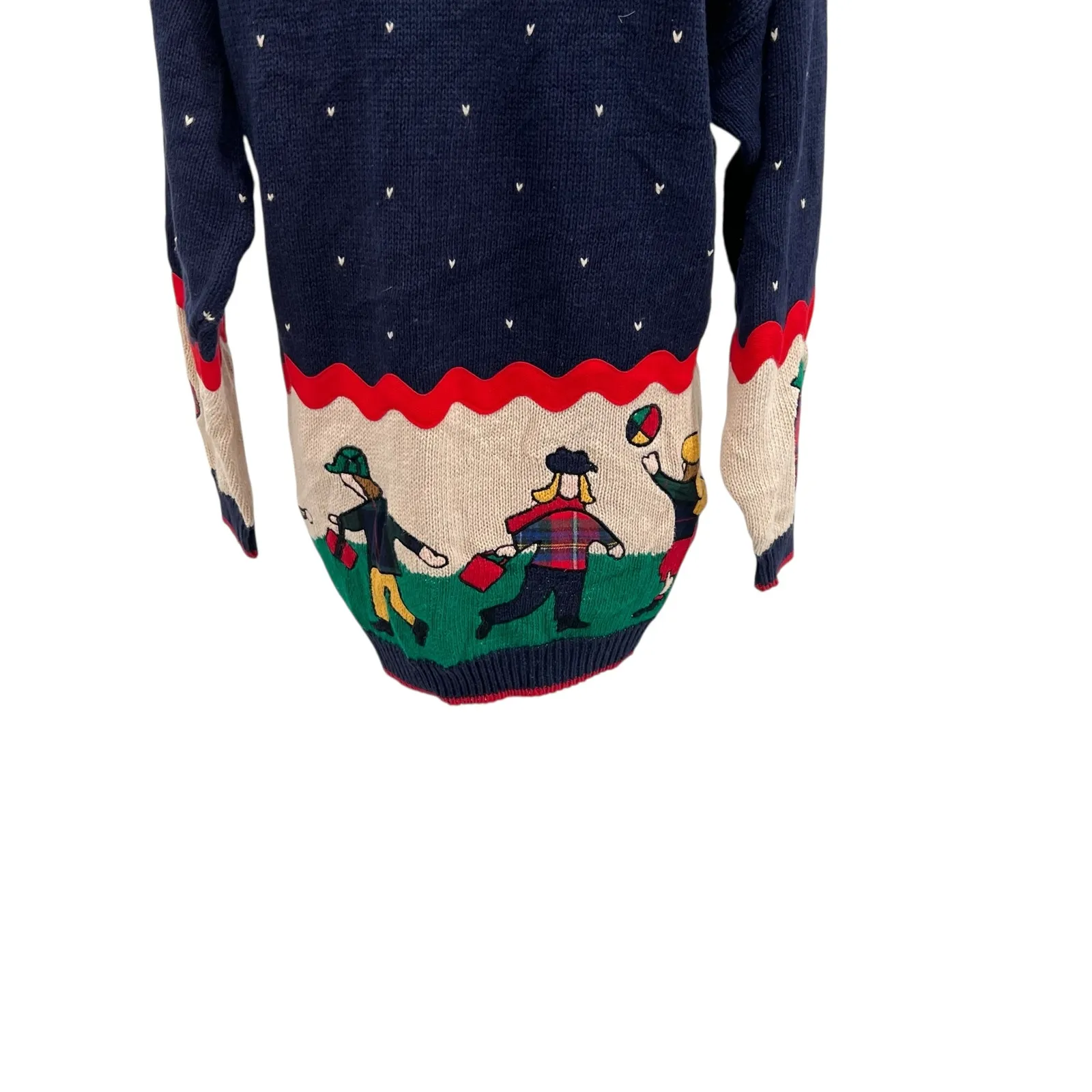 Vintage 90s BellePointe Folk Art Cardigan Sweater Novelty Print Blue Red Medium - Image 13