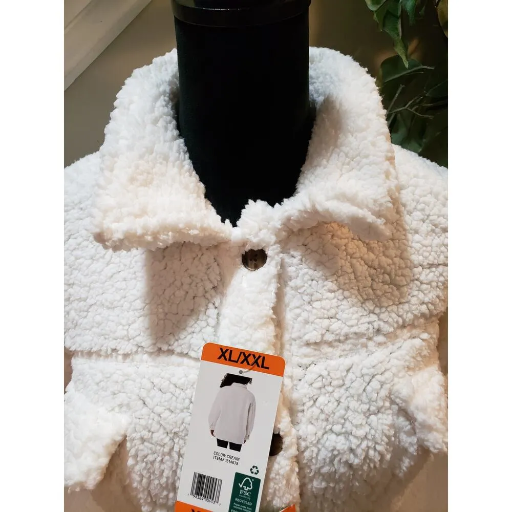 32 Degrees Heat Sherpa Jacket White Fuzzy Button Front XL/XXL Cozy Winter Warm - Image 3