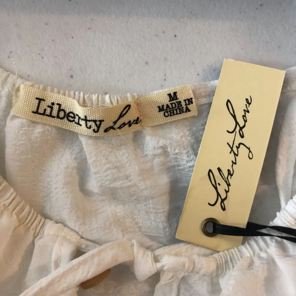 Liberty Love Cottage Peasant Dress Off Shoulder Tiered Puff Sleeve White M - Image 3