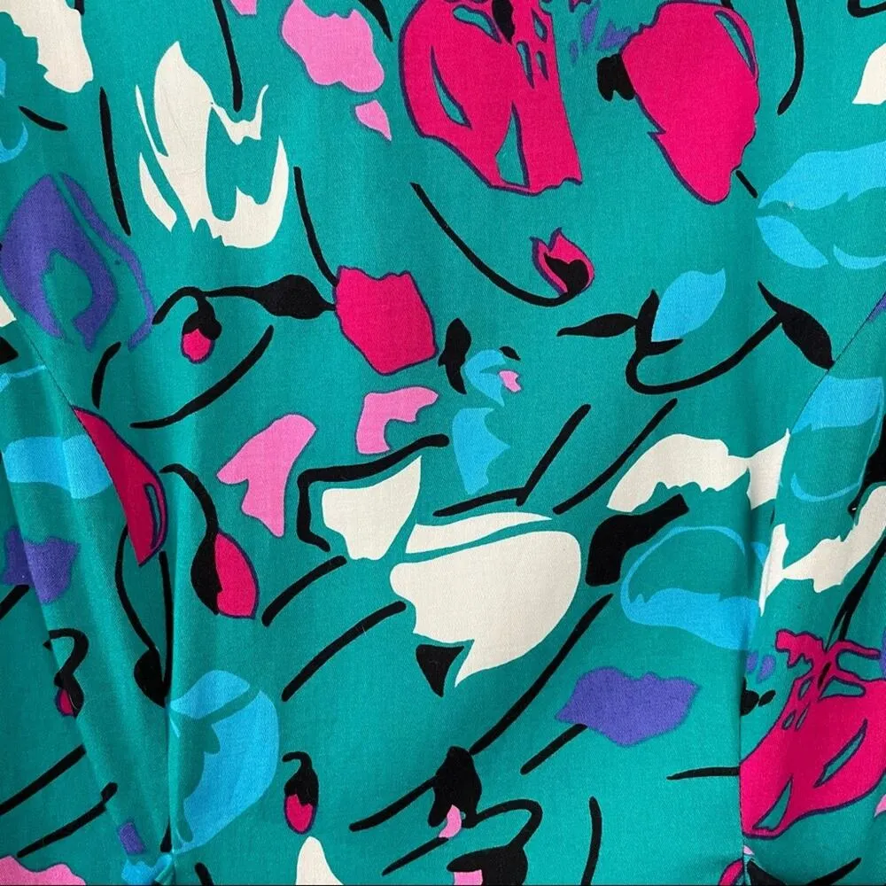 Vintage 80s 90s Lanz Originals Cotton Teal Tulips Floral Puff Sleeve Dress 10 Size undefined - Image 5