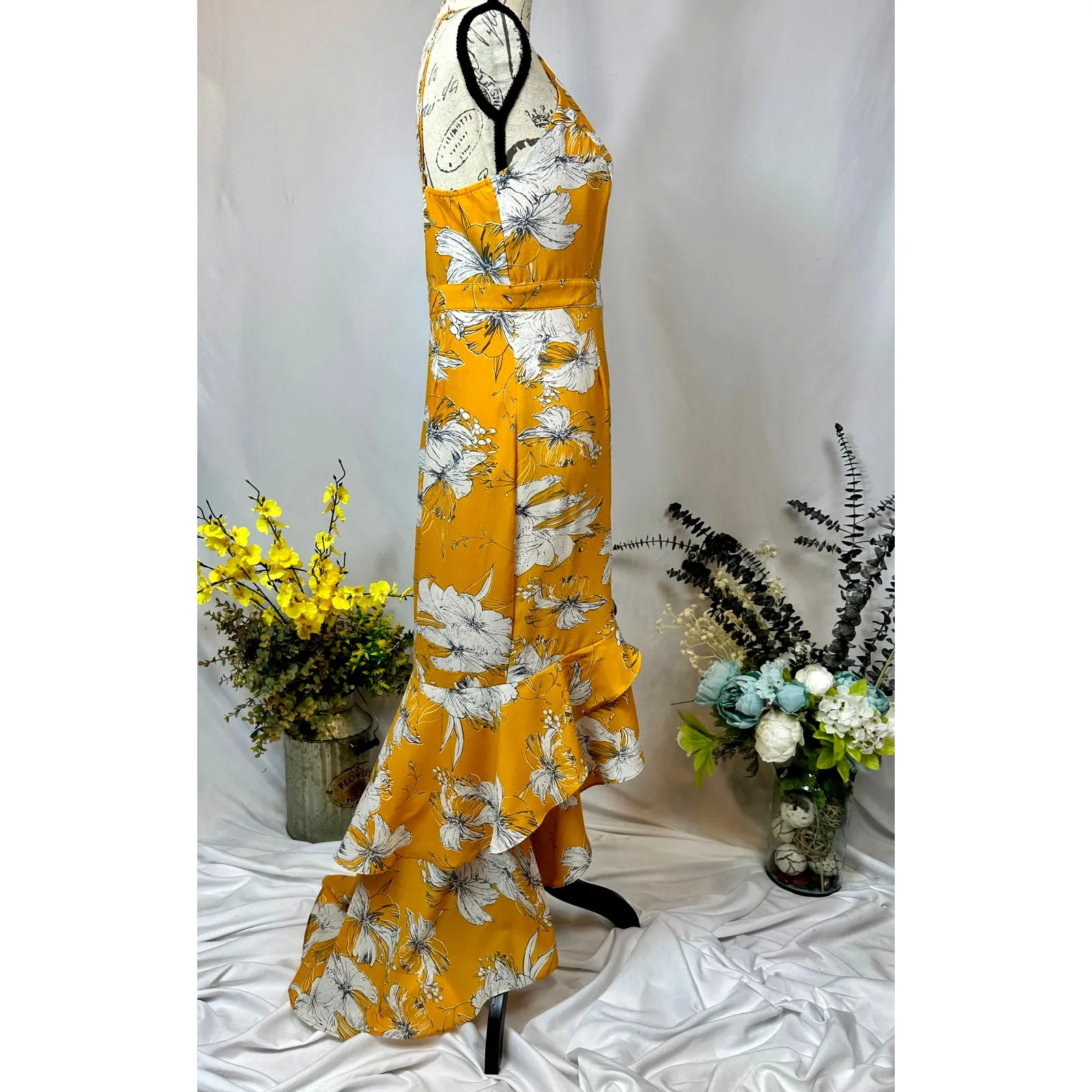 Lulu’s Darling Daylily Mustard Yellow Floral Print High-Low Maxi Dress M - Image 10