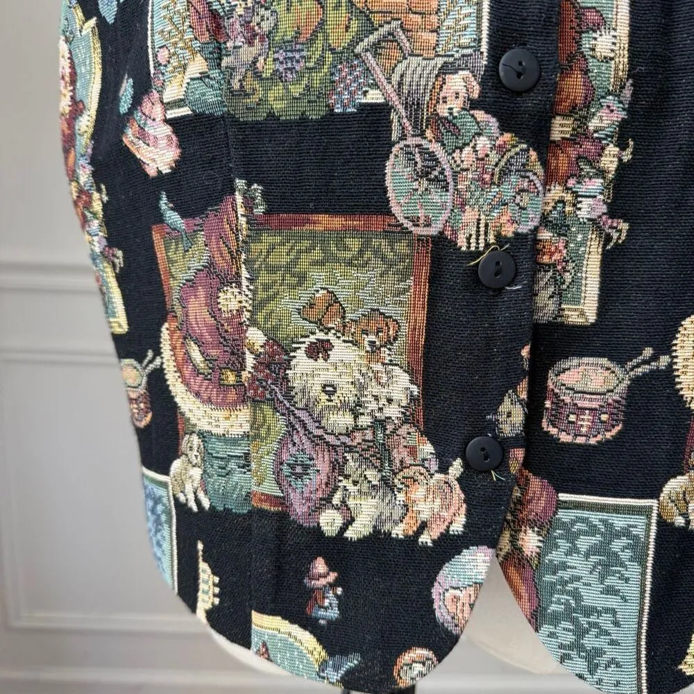 Vintage 90s Cleo Santa Christmas Teddy Bear Dog Cat Tapestry Vest L Black Size L - Image 3