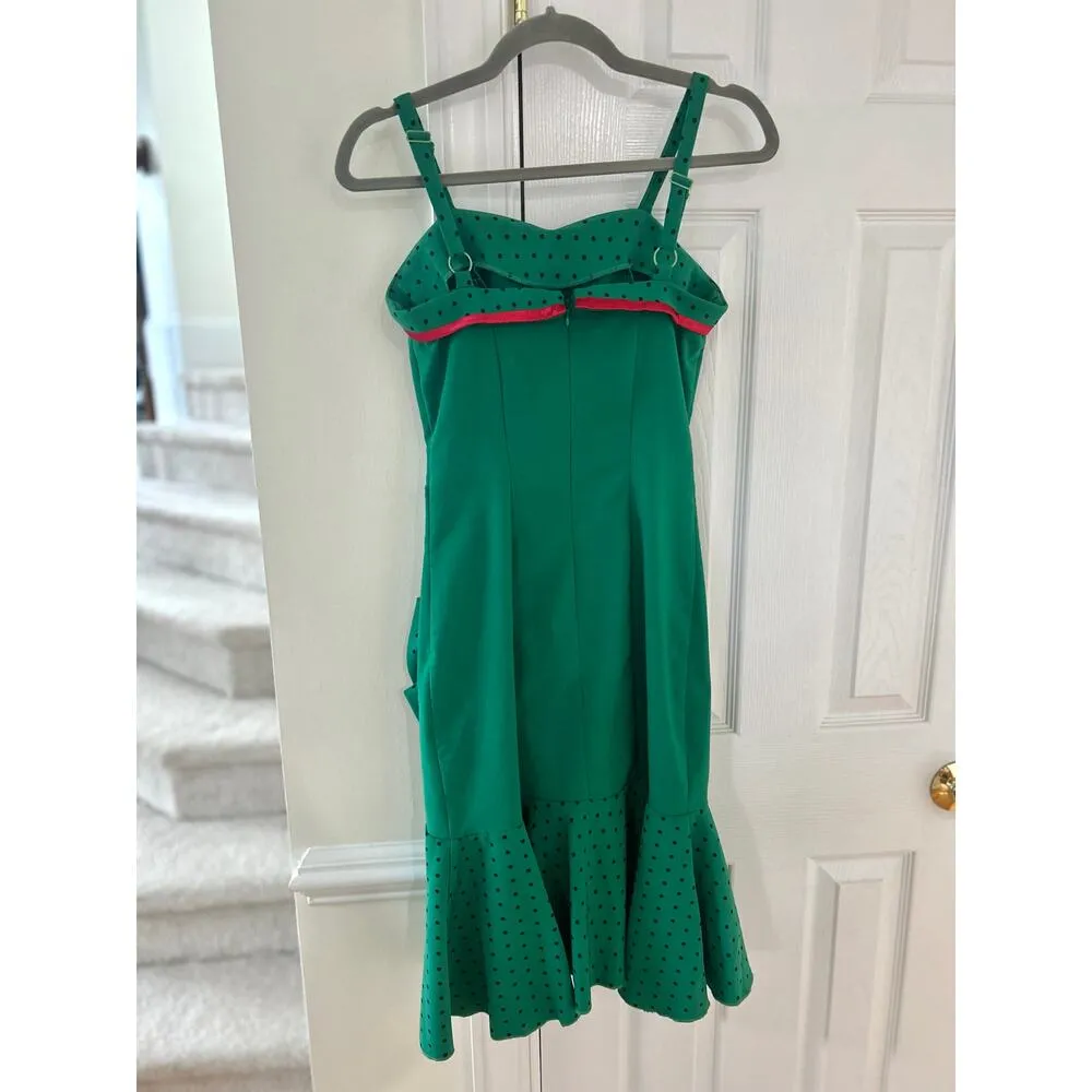 Tatyana Emerald Green & Red Polka Dot Ruffle Hem Sheath Vintage Pinup Rockabilly - Image 4