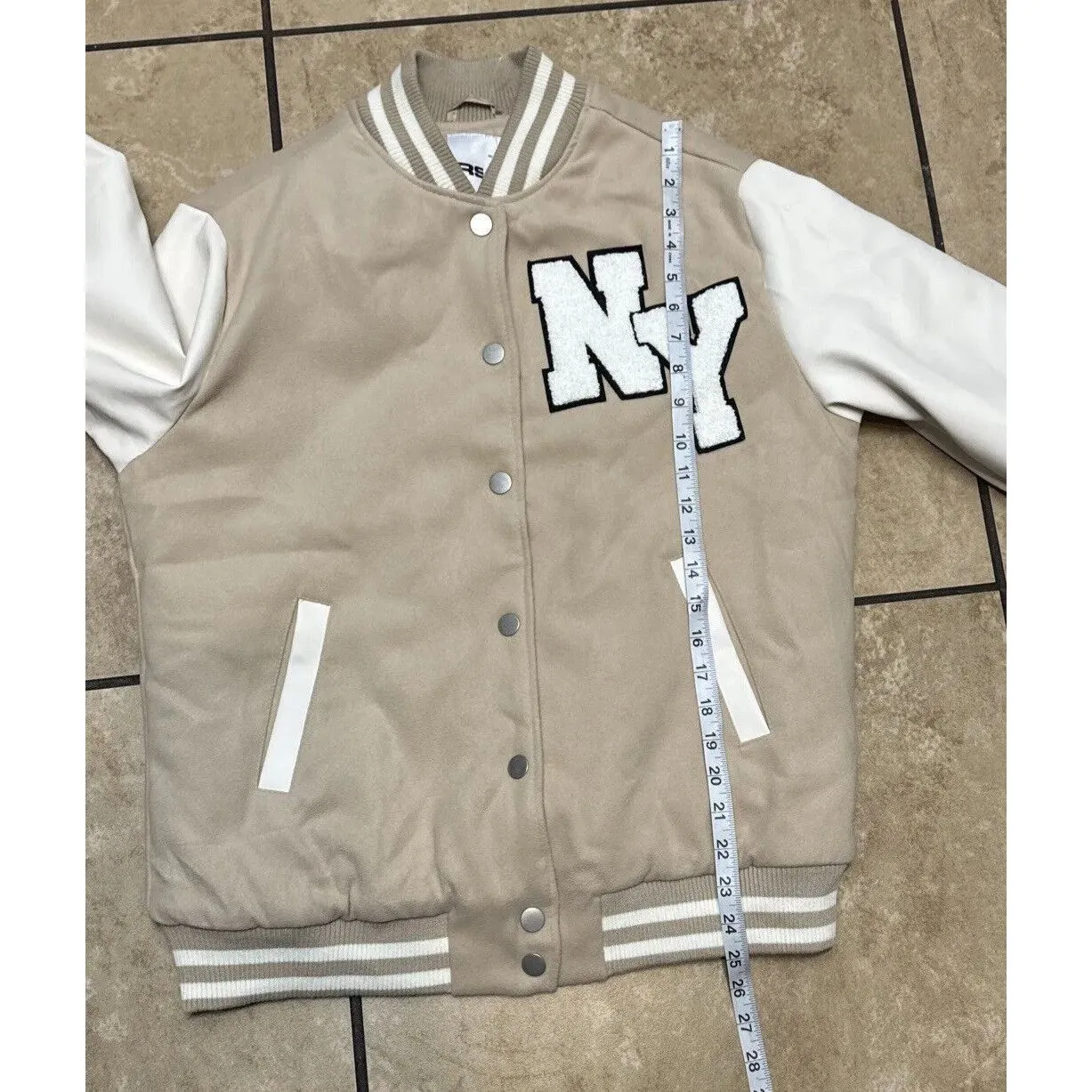 RSQ Varsity Lettermen Jacket Women Size Small Beige-Taupe With Ivory - Image 14