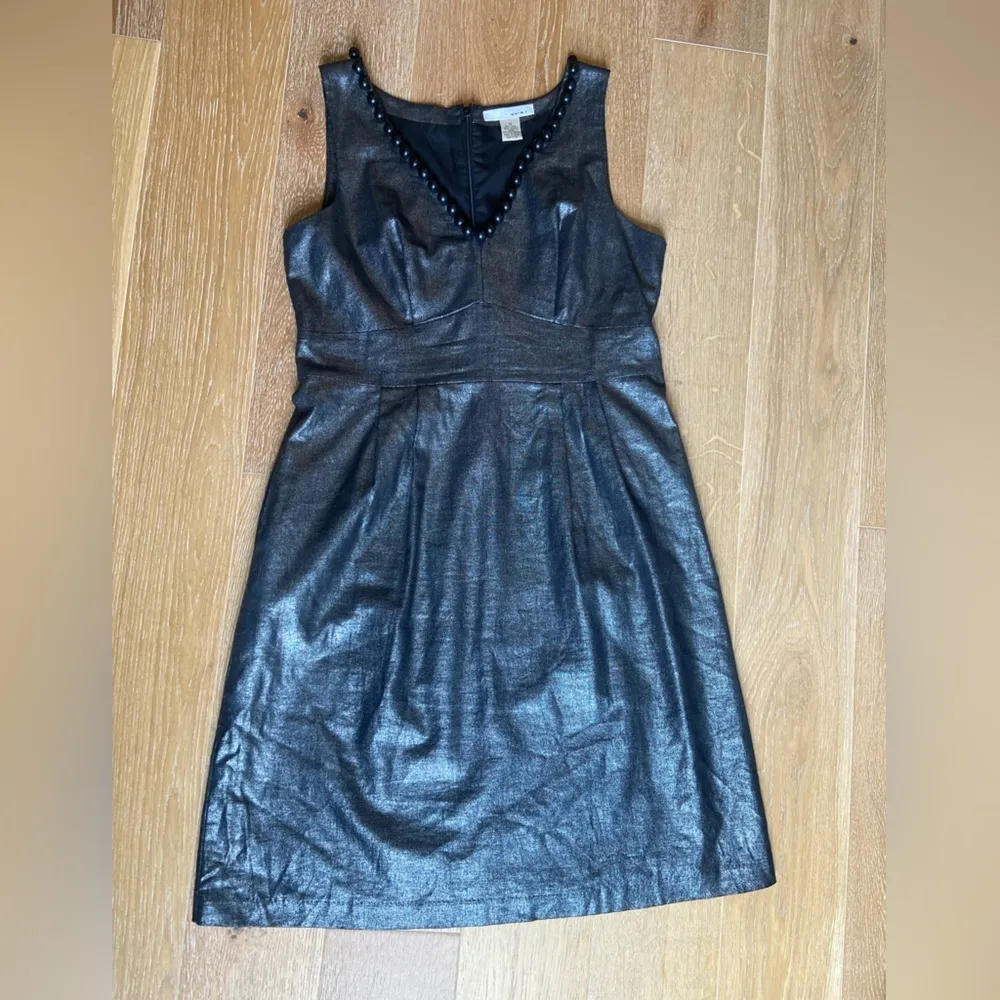 WDNY Dress Sz 12 Black Linen Blend Beaded Metallic Sheath Knee Length Sleeveless - Image 11