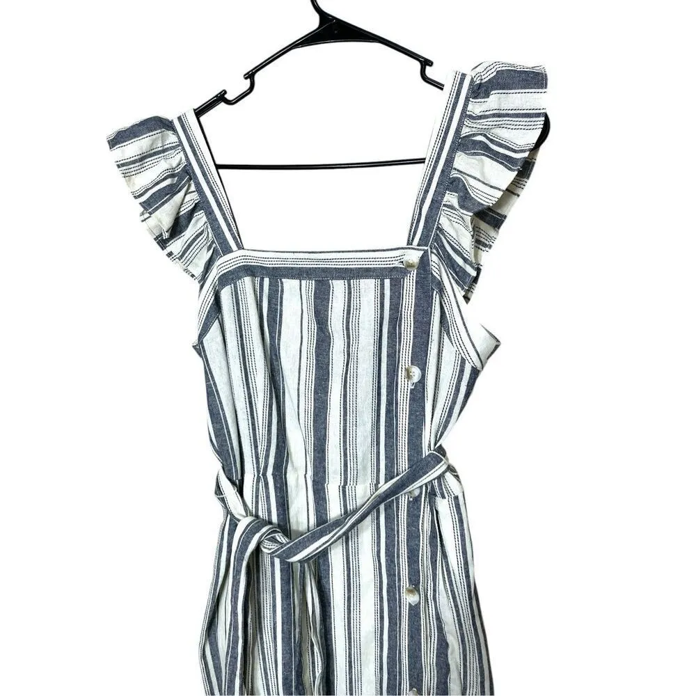 Ella Moss Stacy Linen Blue White Striped Midi Dress‎ Size M - Image 2