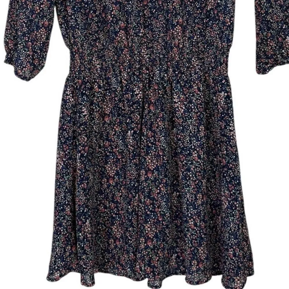 J. Crew Blouson Chiffon Colorful Floral V-Neck Long Sleeve Mini Dress S Black - Image 4
