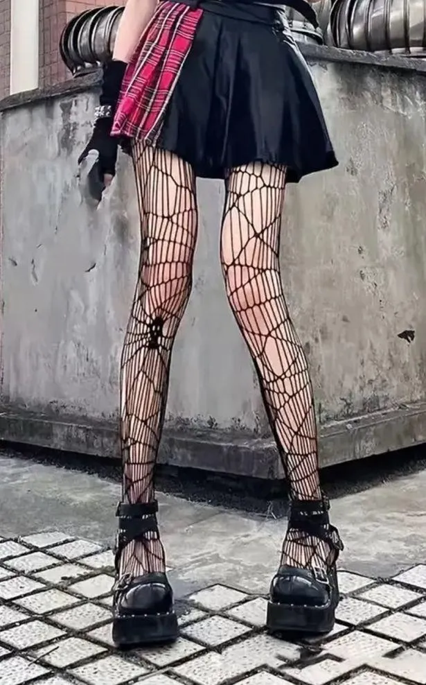 Black Gothic Skull Pattern Fishnet Tights Sexy Hollow Out Mesh Pantyhose OneSize - Image 6