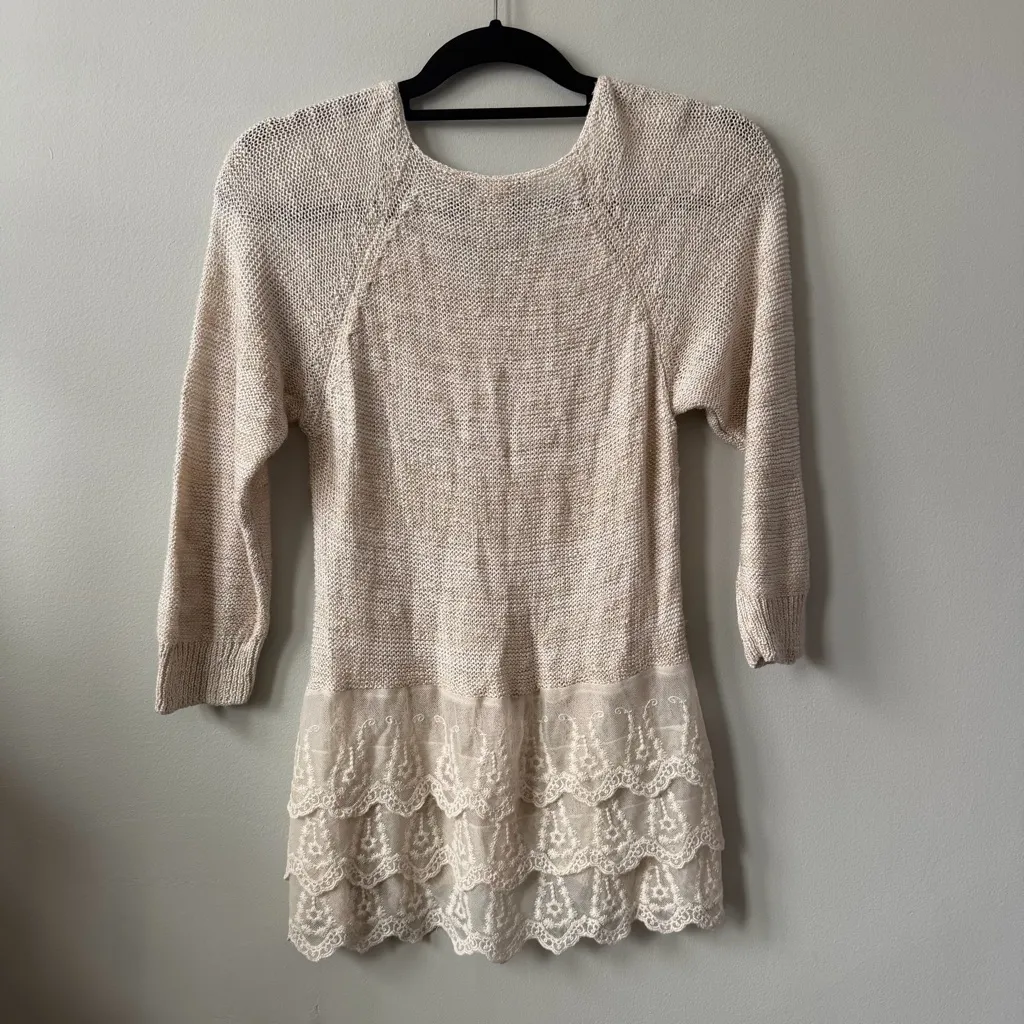 American Rag Neutral Cream Beige Knit V Neck Sweater with Lace Size M - Image 5