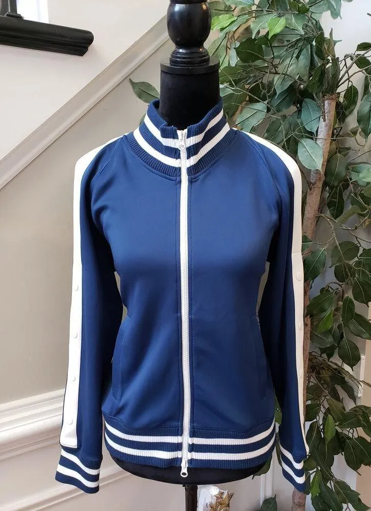 Half Heart Track Jacket Womens M Navy Ribbed Hem & Cuff Cold Shoulder Zip Front Blue Size M - Image 2