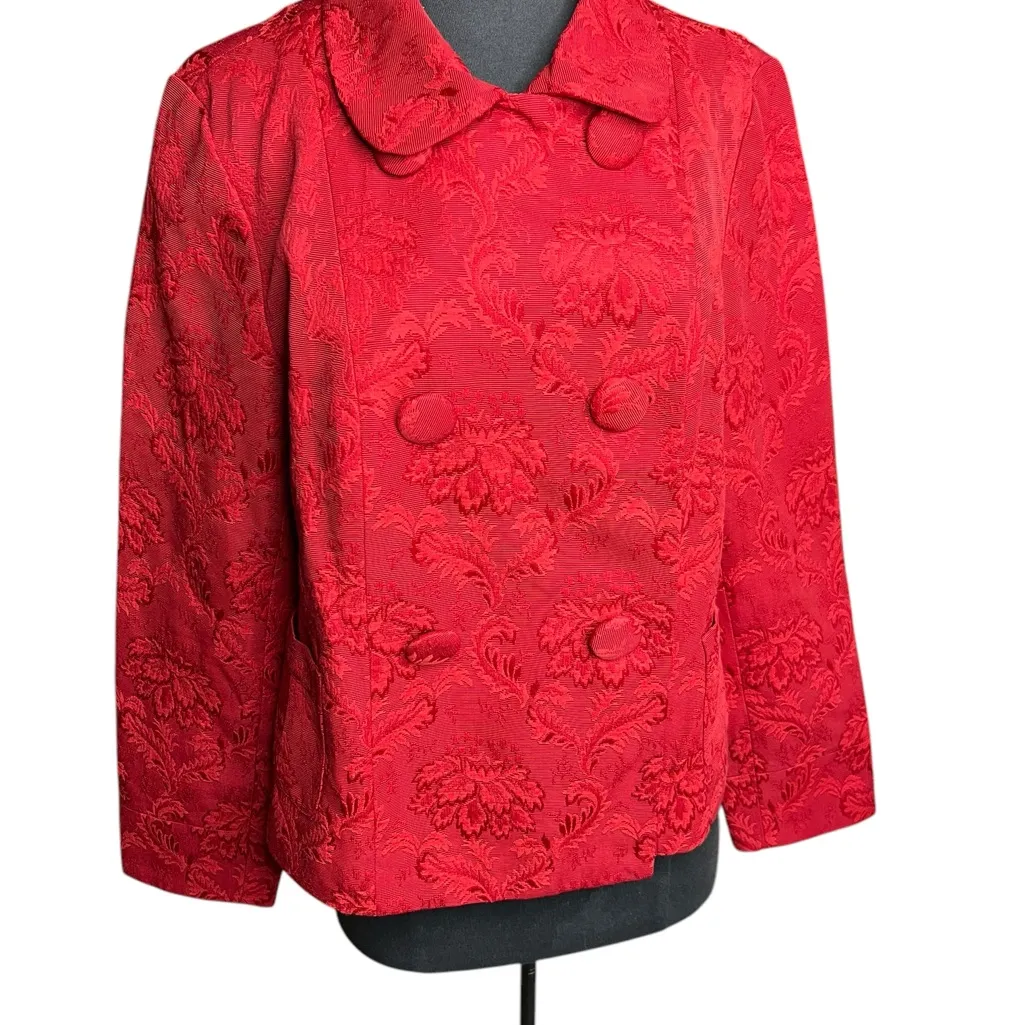 Talbots Jacket Pea Coat Large Red Floral Brocade Double Breasted  Fully Lined - Image 4