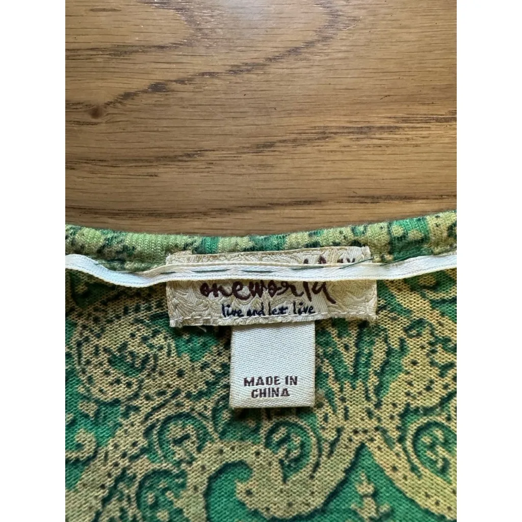 One World Live and‎ Let Live Tunic Top Size 1X Paisley Rhinestones Artsy Chic - Image 3