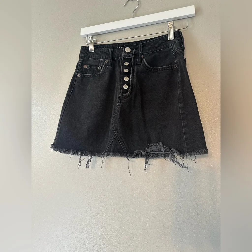 American Eagle Distressed Black Denim Button Fly Skirt - Image 2