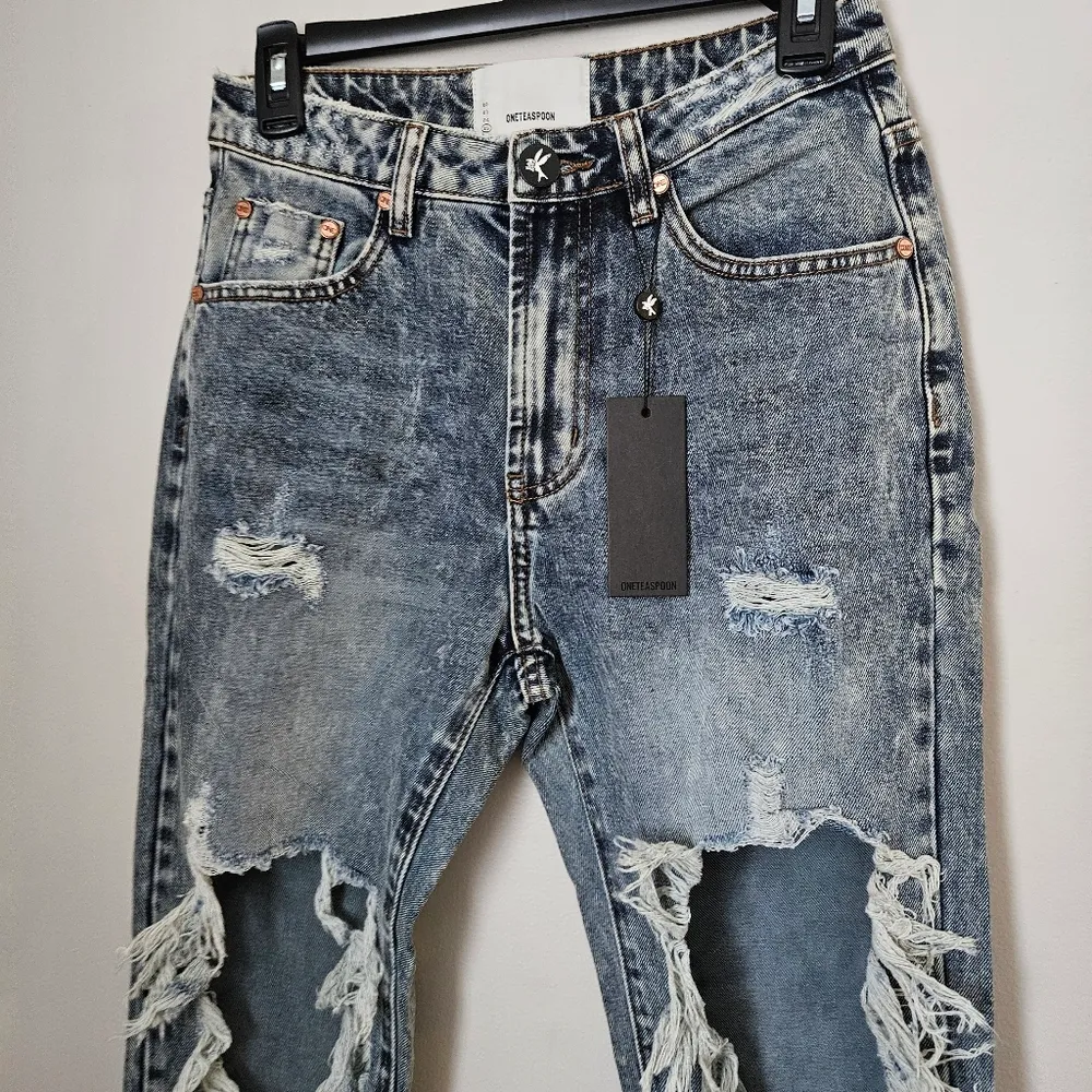 One Teaspoon Jeans Distressed Denim Awesome Baggies Blue Blossom High Waist - Image 3