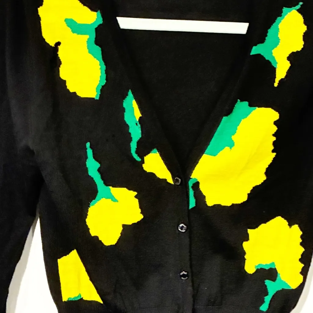 Escada Women’s Black Lemon Print Virgin Wool V Neck Cardigan Sweater Small - Image 2