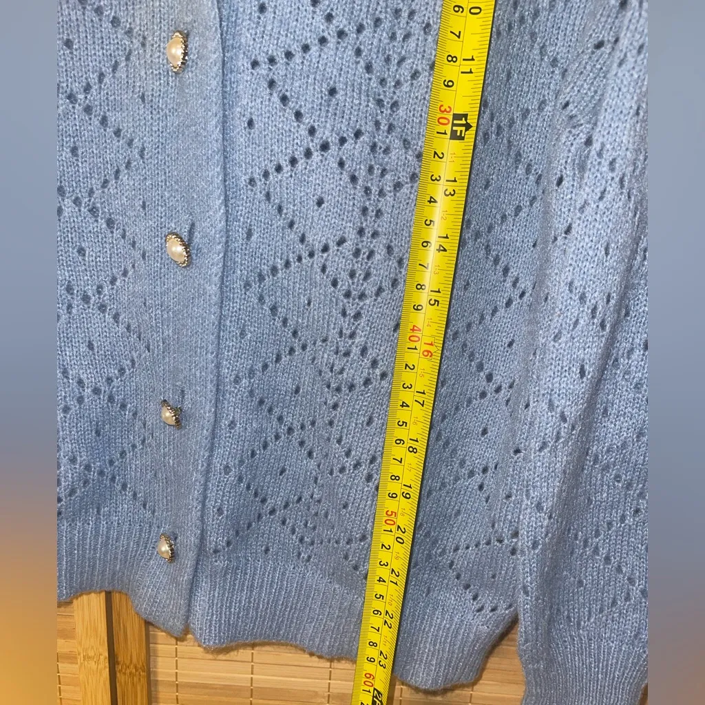 Vintage Nanette Lepore Pearl Button Pointelle Blue Eyelet Cardigan Sweater M - Image 7