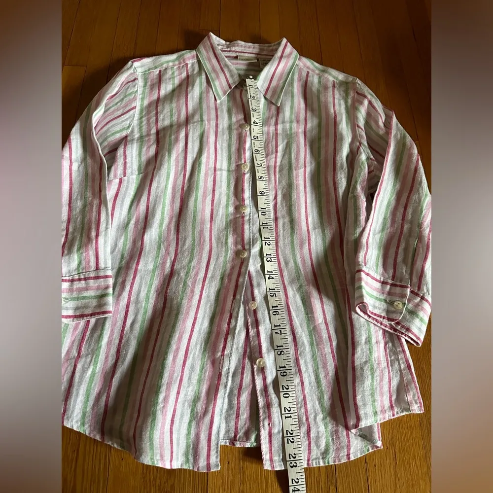 L.L.Bean  Pink/Green/White 100% Button-Up Linen Shirt, Size Medium - Image 4