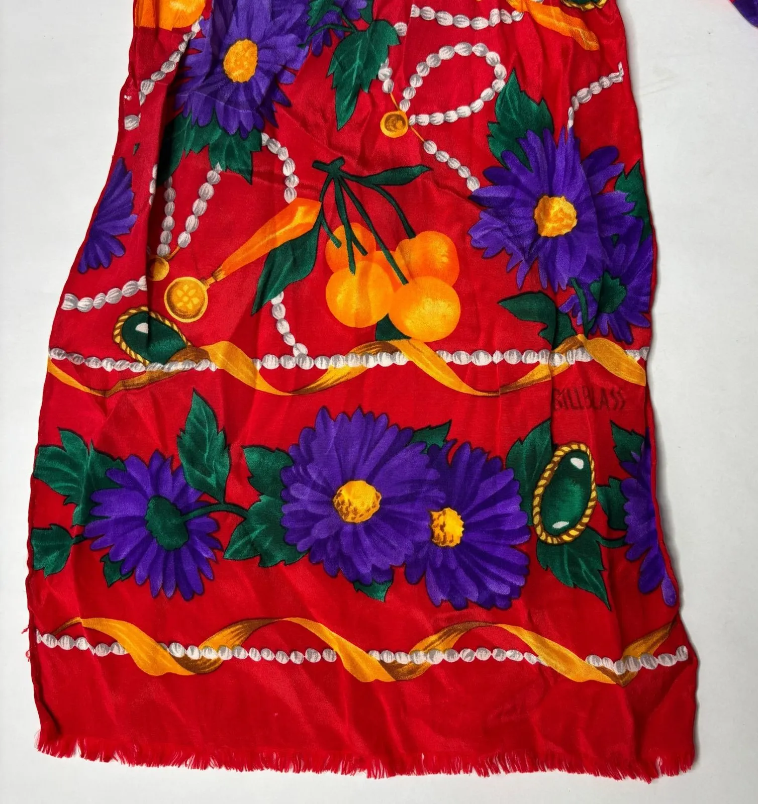 VTG BILL BLASS Silk Scarf Red Floral Cherry Pearl Gemstone Design Bright 80s - Image 1