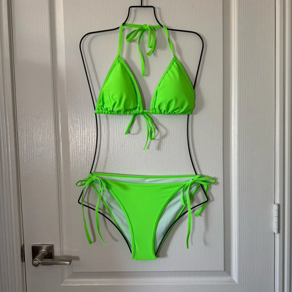 Women’s Two Piece Swimsuit Halter String Triangle Bikini Set Vibrant Green L Size L - Image 2