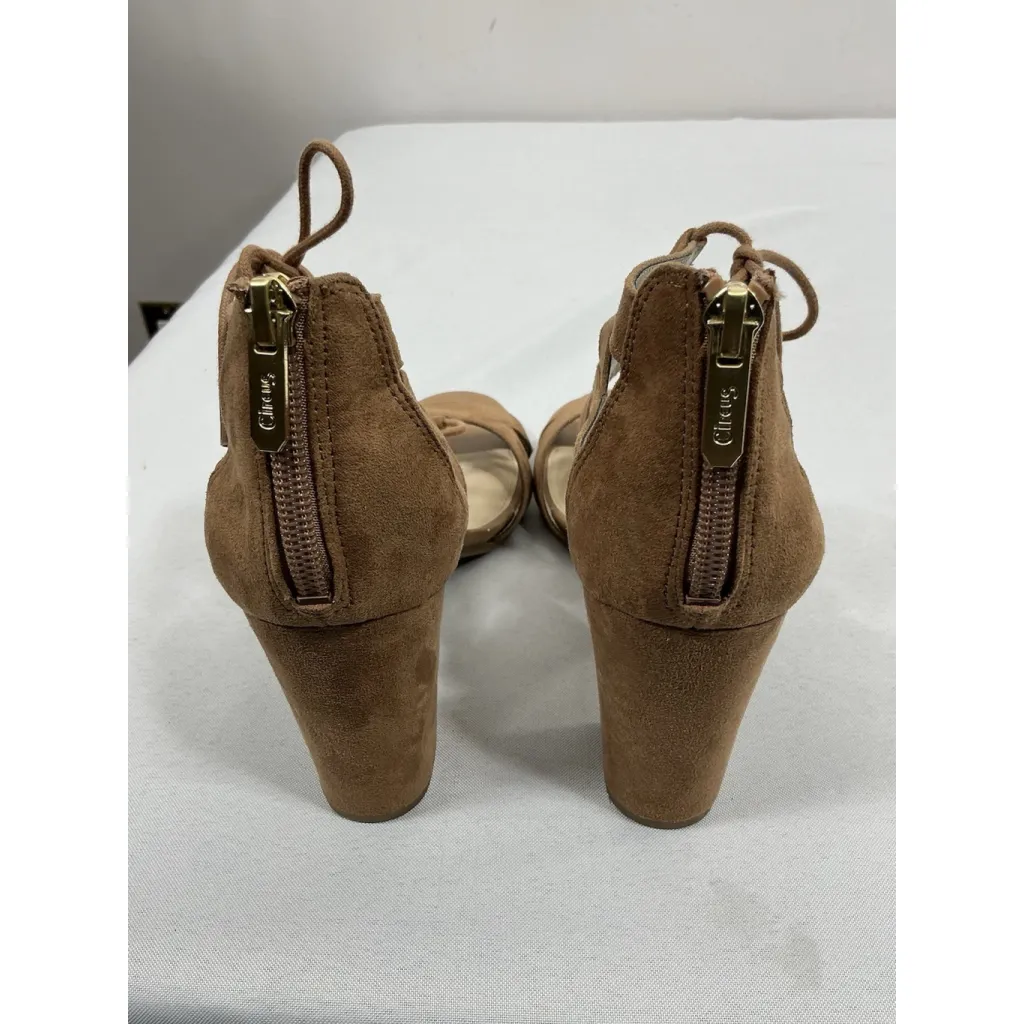 Womans Circus Strappy Bootie Shoe 8 Tan Open Toe Back Zip Block Heel Brown - Image 5