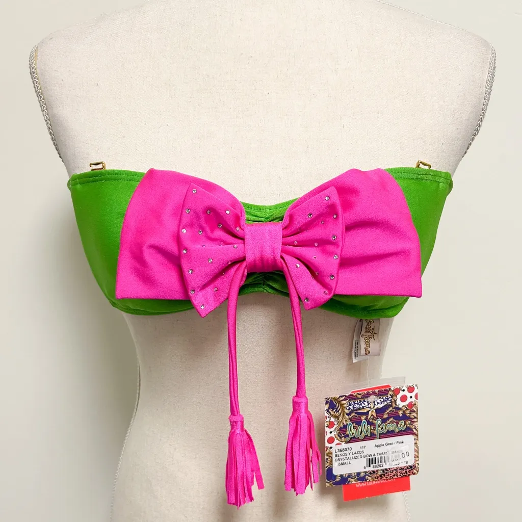 Luli Fama Pink Green Rhinestones Bandeau Bow Tassels Halter Bikini Top NWT Small - Image 2