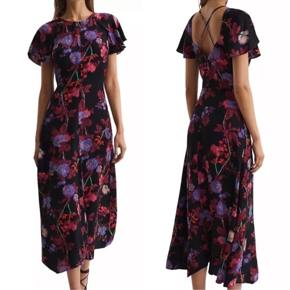 NWOT REISS Leni Floral Flutter Sleeve Midi Dress Black Size 2 - Image 3