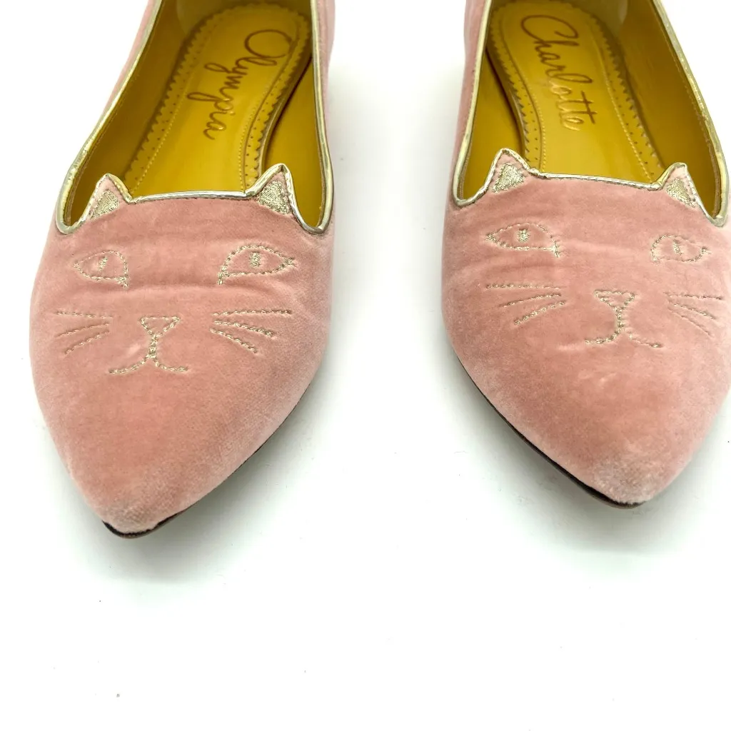 Charlotte Olympia Mid Century Kitty Cat Pink Velvet Pointed Flat EU 36 US 5.5-6 - Image 5