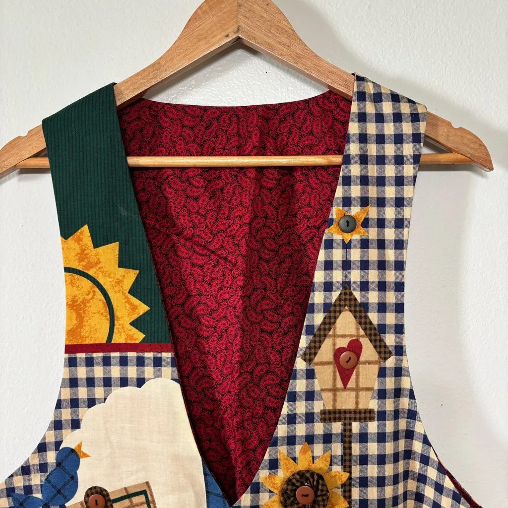 Handmade Autumn Patchwork Gingham Sunflower Cotton Vest Size L - Image 4