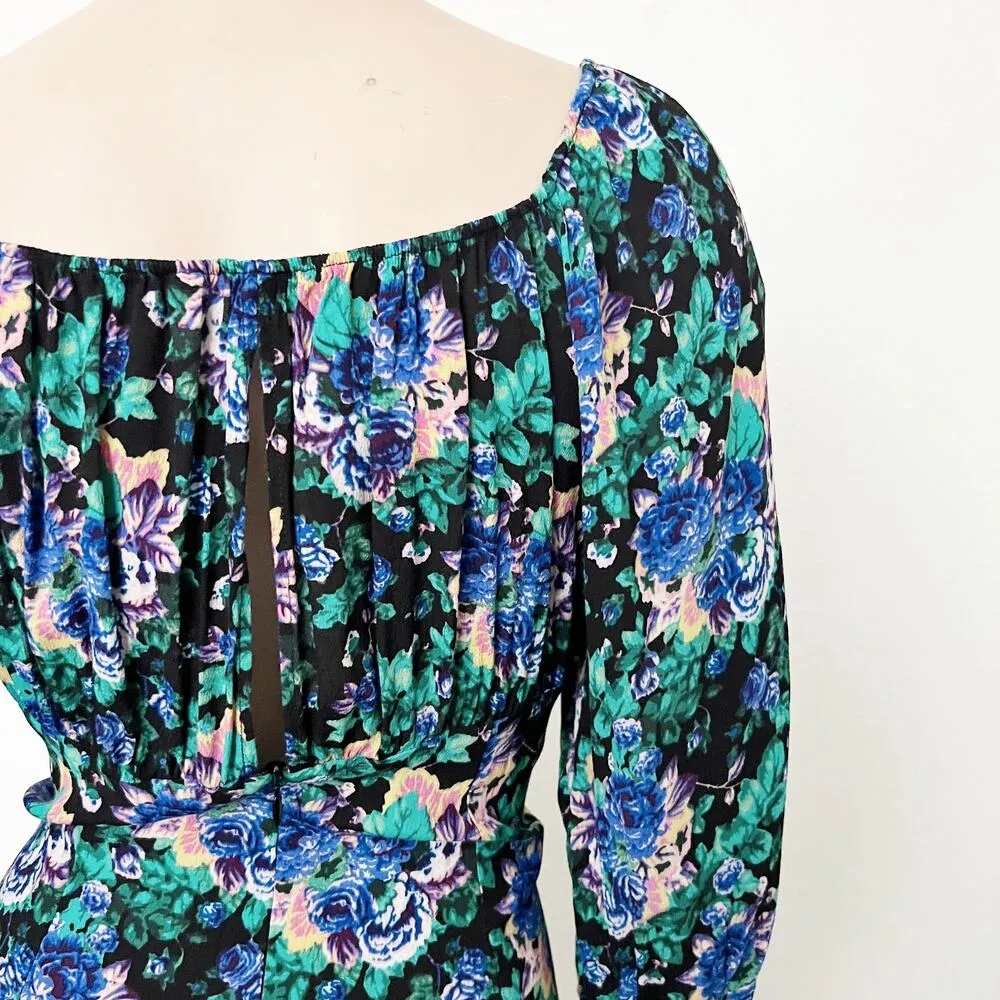 [Zara] Black Blue Floral Print Square Neck Peasant Midi A-Line Dress Sz Medium M - Image 7