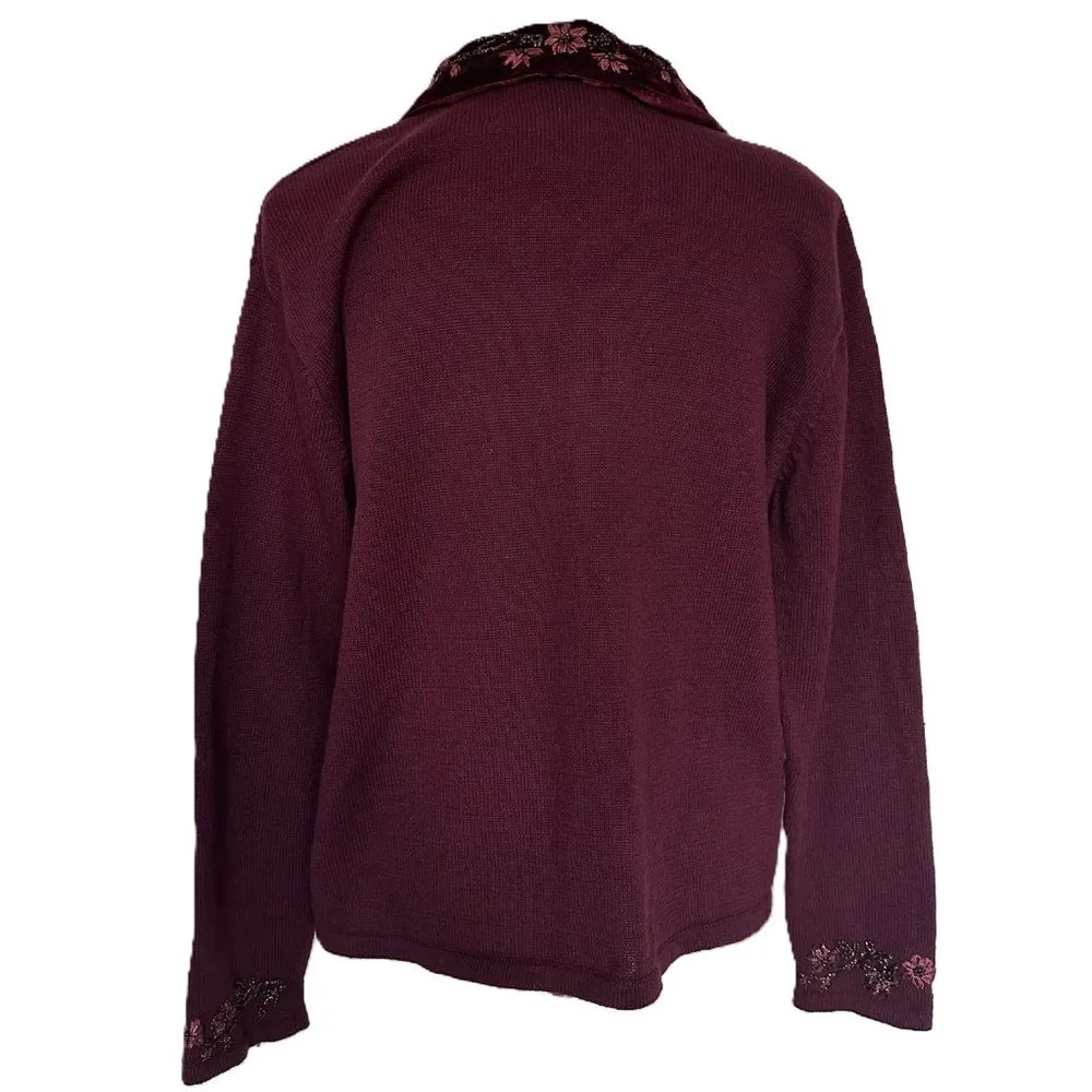 Vintage Beaded Sweater Size M Velour Collar Burgundy Wine Red Tiara Size M - Image 6