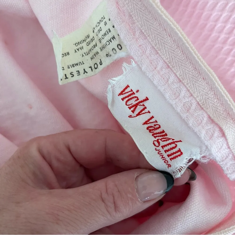 Vintage 60s Vicky Vaughn Junior Pink Maxi Dress Floral Ribbon Ruffle Small 25" W - Image 7