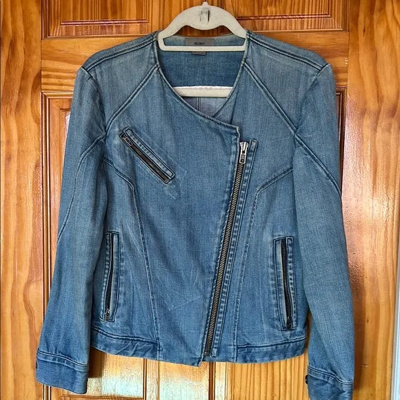 Helmut Lang Blue Jean Jacket with Moto Style and Asymmetrical Zipper - Image 1