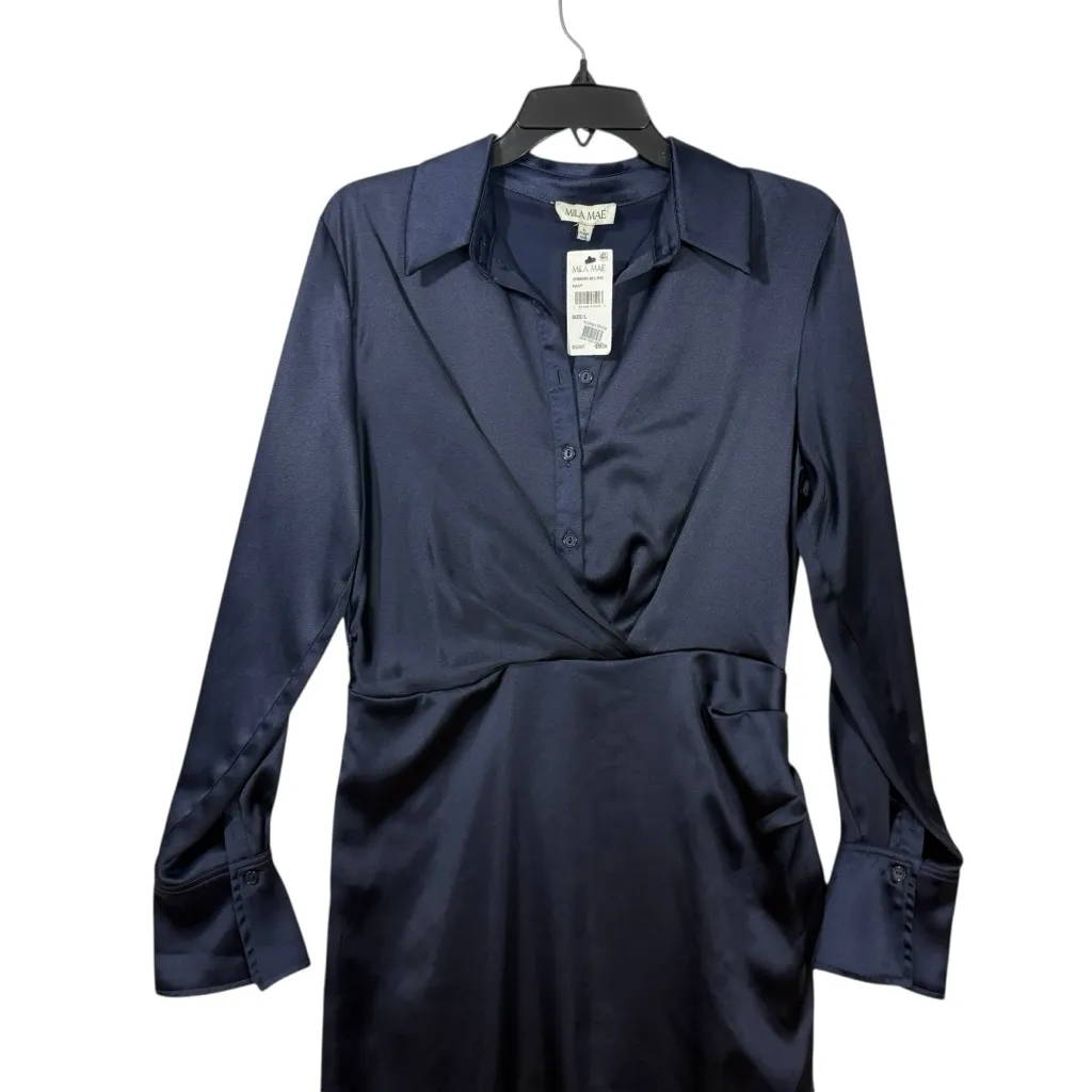 MILA MAE NWT Blue Long Sleeve Satin Shirtdress Dress L Size L - Image 4